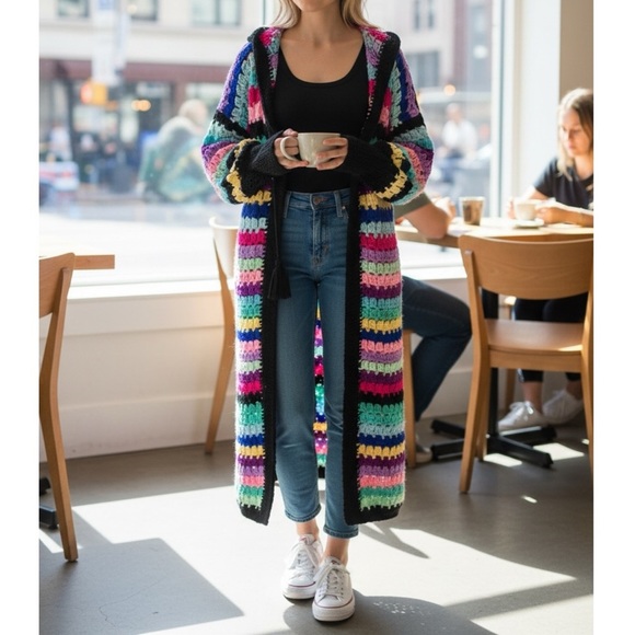 Matimi Sweaters - Rare Matimì Crochet Long Cardigan Sweater w/ Hood in Multicolor Stripes One Size